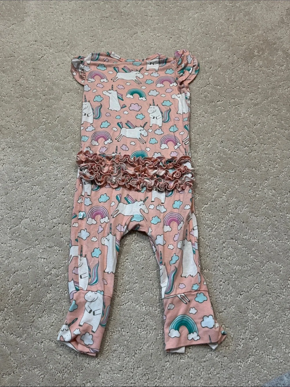 Posh Peanut Ruffled Jumpsuit Size 9-12 Month “Pink Olive Unicorn”